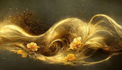 Abstract motion art with surreal golden flowers