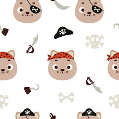 Cute little pirate cat head seamless childish pattern. Funny cartoon animal character for fabric, wrapping, textile, wallpaper, apparel. Vector illustration
