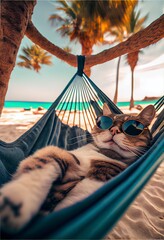 a cat wearing sunglasses and a hat, lying in a hammock, traveling at the beach with Generative AI