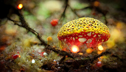 Fototapeta na wymiar Amanita muscaria glowing red top mushroom releasing spores yellow forest