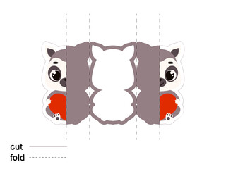 Cute lemur hold heart. Fold long greeting card template. Great for St. Valentine day, birthdays, baby showers. Printable color scheme. Print, cut out, fold. Vector stock illustration