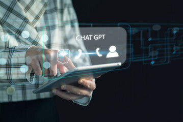 GPT chat technological concept. Businessman pointing finger to chat with AI or Artificial Intelligence. Enter commands and chat with intelligent artificial intelligence.  Future technological change.