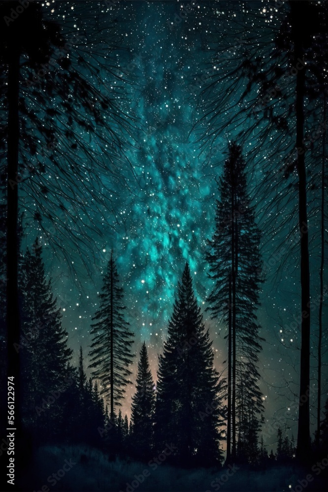 Poster foggy forest, starry sky with generative ai