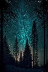 Foggy forest, starry sky with Generative AI