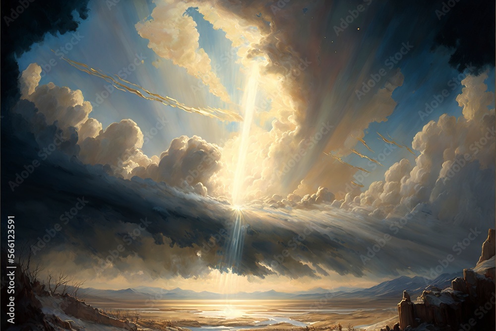 Wall mural divine light shining from the sky, with clouds in the sky with generative ai
