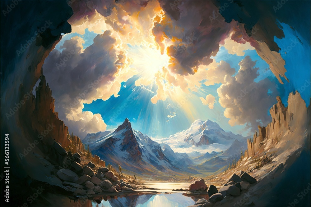 Wall mural divine light shining from the sky, with clouds in the sky with generative ai