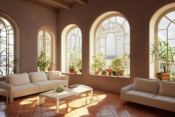 Fototapeta premium Bright Spanish Style Villa Interior with Arch Windows and Plants Made with Generative AI