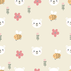 Baby seamless pattern with hand drawn bear and bee. Bright colorful naive unique pattern. Funny kids print for clothing design, interior design, scrapbooking. Cute floral background.