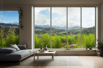 Luxury Spring Living Interior with Lush Landscape and Mountain Views Made with Generative AI
