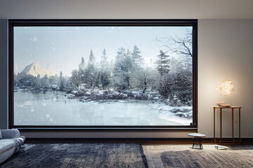 Winter Modern Living Interior with Snow Forest Views Made with Generative AI