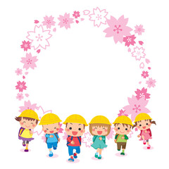 Obraz na płótnie Canvas 友達と走ってくる可愛い小学生の子供たち　桜の花びら　フレーム　コピースペース　テンプレート　輪　円形