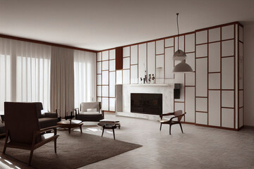 Fototapeta na wymiar Luxury Spanish Modern Living Room with Fireplace and Furniture Made with Generative AI