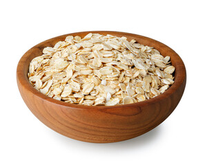 oatmeal in wooden bowl isolated on white background