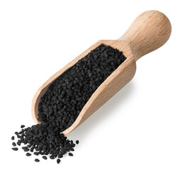 black cumin seeds in scoop isolated on white
