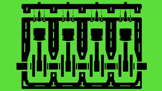 Piston stroke in an internal combustion engine. Design element. Illustration video, animation. Black objects isolated on a green background. Fast movement.