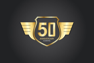 50 years anniversary logotype 3D golden stylized modern shape winged shield on black background
