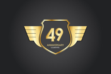 49 years anniversary logotype 3D golden stylized modern shape winged shield on black background