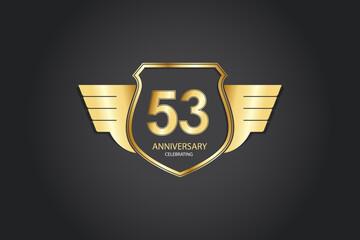 53 years anniversary logotype 3D golden stylized modern shape winged shield on black background