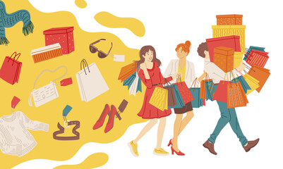 Fashionista or shopaholic characters during sales, vector illustration isolated.