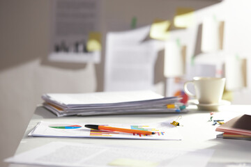 modern office desk at morning. closeup