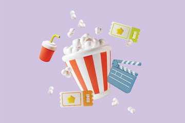 3d Cinema Movie Concept Popcorn Bucket with Elements Around Plasticine Cartoon Style. Vector illustration of Leisure Film - obrazy, fototapety, plakaty
