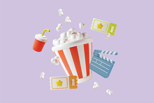 3d Cinema Movie Concept Popcorn Bucket with Elements Around Plasticine Cartoon Style. Vector illustration of Leisure Film