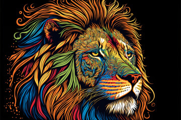 Colorful Lion in a psychedelic style background, Rainbow Lion fantasy, Neon Lion, generative ai.