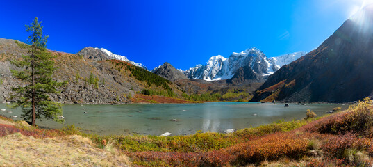 Panorama of mountain tops with snow and tongues of glaciers near the forest and Lake Shavlinskoye in Altai.
