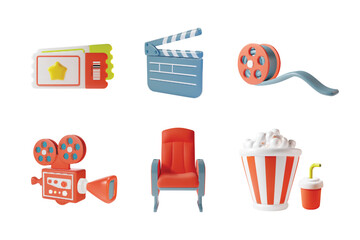 3d Cinema Movie Elements Icons Set Plasticine Cartoon Style Isolated on a White Background. Vector illustration