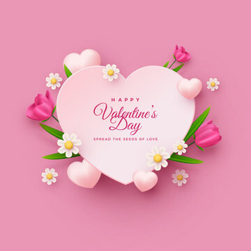 Valentines day greeting with realistic 3d love board and balloons. Premium vector for Gift card, love party, invitation voucher design, poster template, place for text.