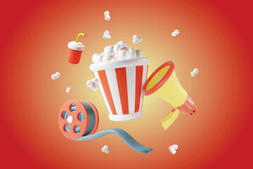 3d Cinematography Elements Set Concept Plasticine Cartoon Style on a Red Background. Vector illustration of Megaphone, Film Reel and Popcorn Bucket