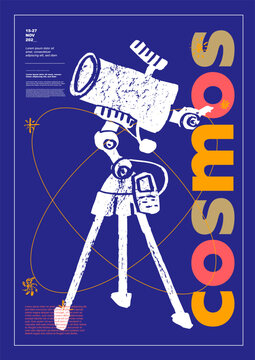 Space exploration cartoon poster with telescope. Science discovery. Poster design. Vector illustrations. Typography. Vintage engraving style. Background images for cover, banner, poster. T-shirt print