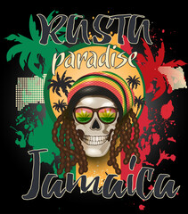 Rasta skull with dreadlocks  in sunglasses on palm tree background.Typography, t-shirt design.