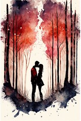 Valentine's Day lovers kissing in a Valentine forest art in watercolor