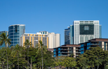 Fototapeta na wymiar Crowded Urban Residential District with Palm Trees and Blue Sky.