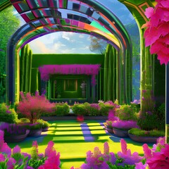 A beautiful Art Deco inspired garden with geometric shapes and bold colors3, Generative AI