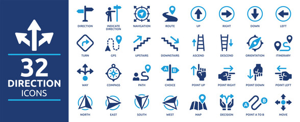 Direction icon set. Containing route, itinerary, compass, arrow symbol, path, way, pointing direction and map icons. Solid icon collection.