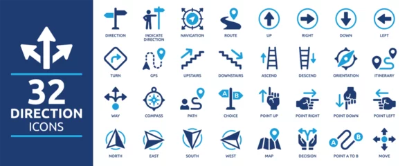 Fotobehang Direction icon set. Containing route, itinerary, compass, arrow symbol, path, way, pointing direction and map icons. Solid icon collection. © Icons-Studio