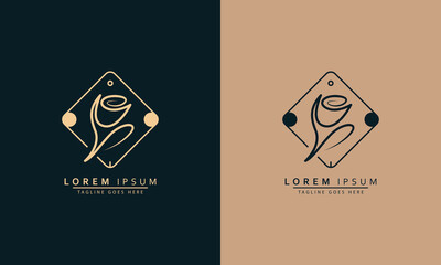 Blooming rose flower logo emblem design template vector illustration in minimal line art style. Linear silhouette for natural cosmetics logotype or florist brand insignia