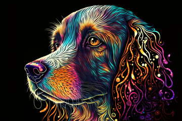 Colorful Dog in a psychedelic style background, Rainbow Dog fantasy, Neon Dog, generative ai.
