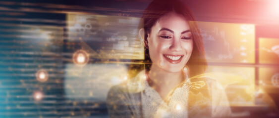 Business woman, futuristic overlay and global investment overlay at night with corporate work. Digital data, happy employee and financial worker working with ux information technology with a smile