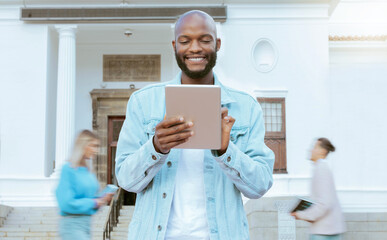 Fototapeta premium Black man, university student and tablet at outdoor campus with smile, learning and opportunity for education. Young african guy, mobile touchscreen tech and happy at college with social media app