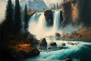 Oil-Based Landscape Painting Of Waterfall