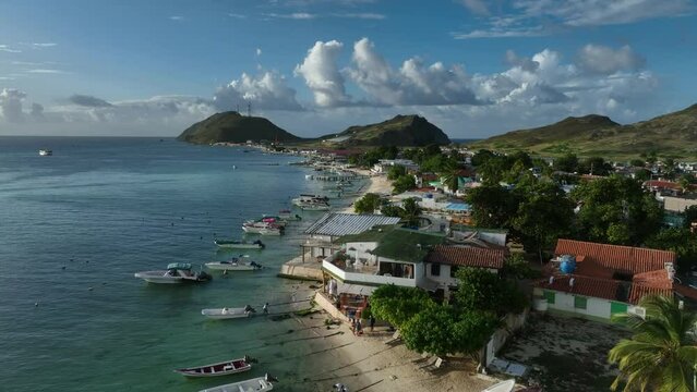 Aerial view, drone flying along the beach of Gran Roque Island in Los Roques Archipelago, Venezuela.