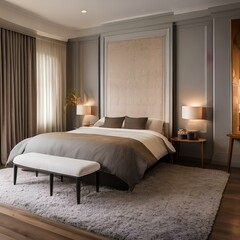 Contemporary art nouveau bedroom with a curved headboard and neutral color palette2, Generative AI