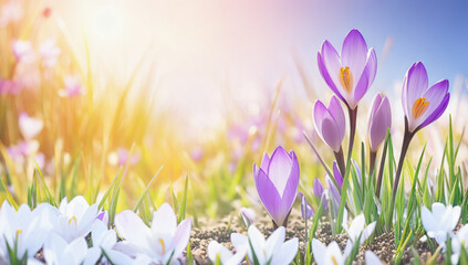 Abstract illustration hybrid crocus flowering in the early spring garden banner background