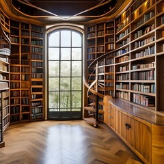 Contemporary art nouveau library with a spiral staircase and floor-to-ceiling bookshelves1, Generative AI