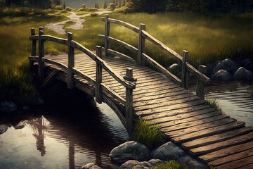 Rustic wooden bridge over a river