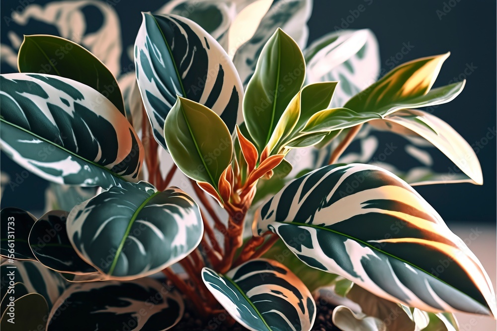 Wall mural close-up view into the crown of a ficus tree with green-white leaves with generative ai
