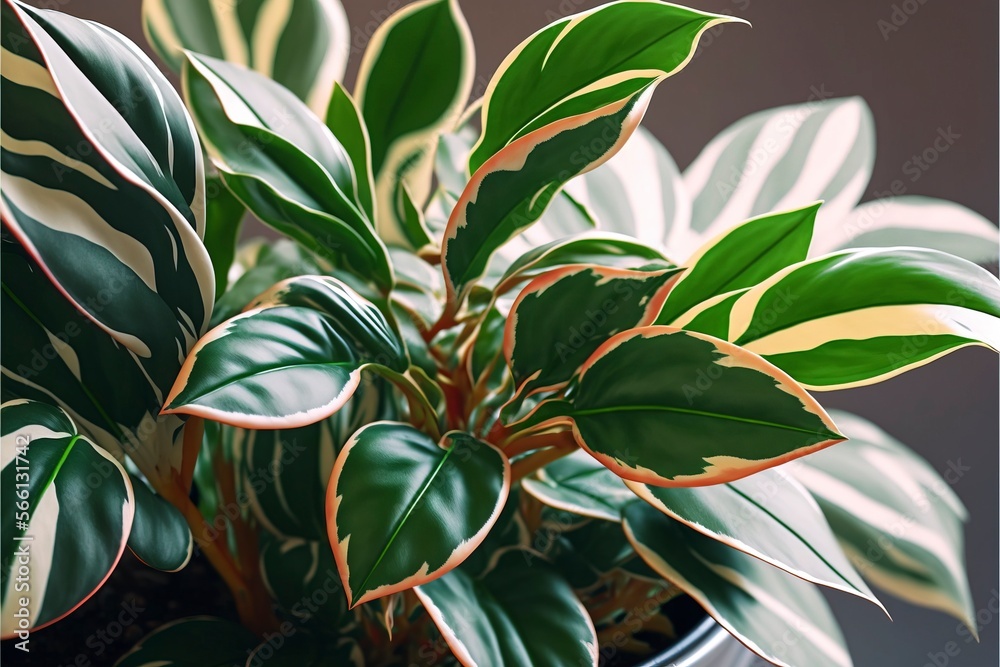 Wall mural close-up view into the crown of a ficus tree with green-white leaves with generative ai